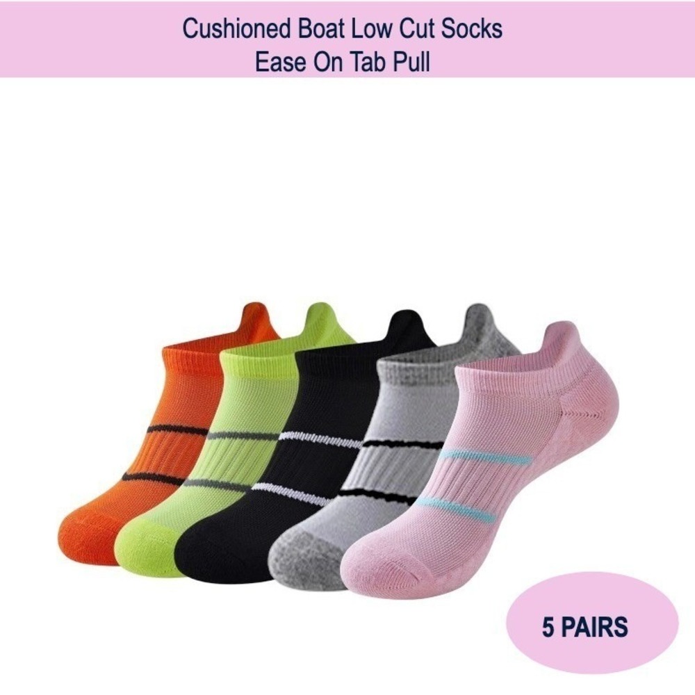 Colorful Unisex Cushioned Boat Socks 5‎ Pairs Tab Low Cut High Quality OS NEW